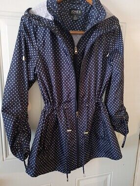 Jones New York Navy and White Polka Dot Hooded Anorak